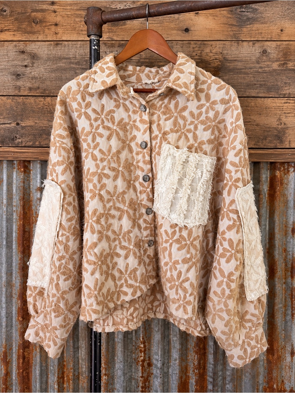 POL Floral Textured Patchwork Shacket Oversized Mixed Media